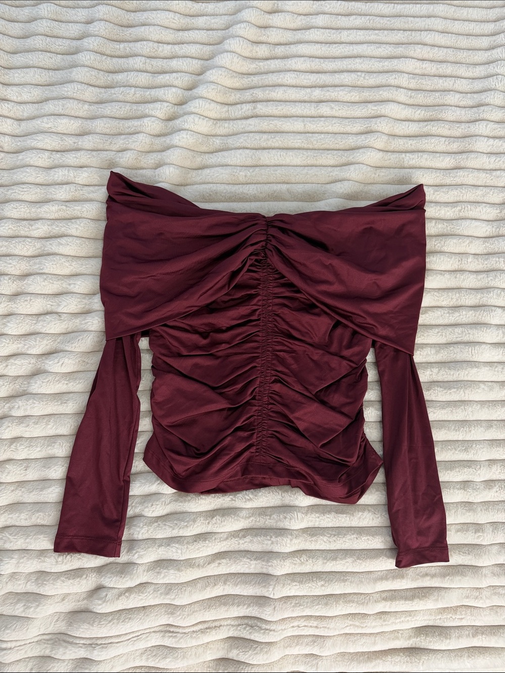 Off-Shoulder Ruched Long Sleeve Top - Burgundy